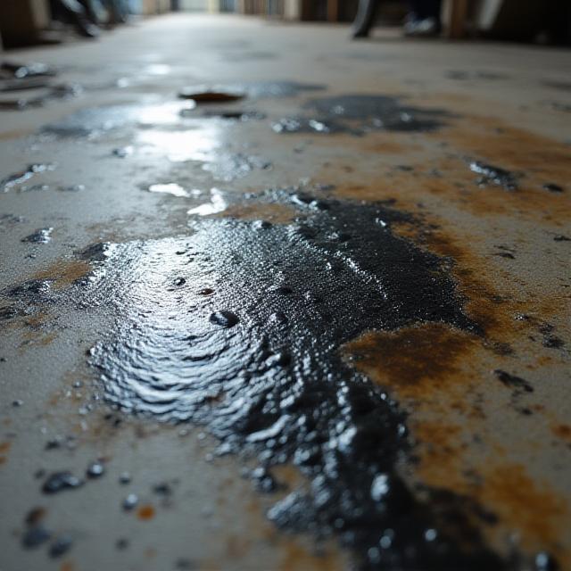 Dirty industrial floor with oil spills