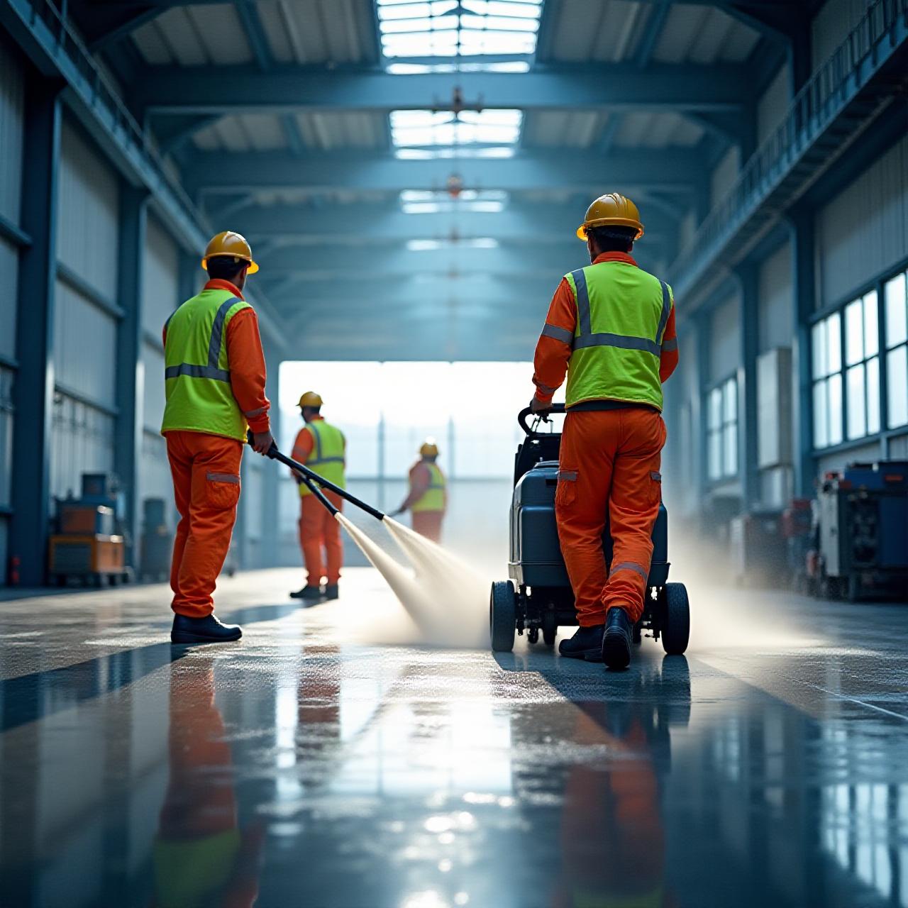 Professional industrial cleaning crew in action