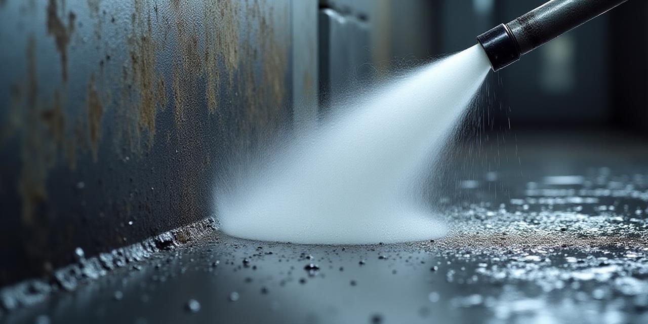 Closeup of industrial surface cleaning process