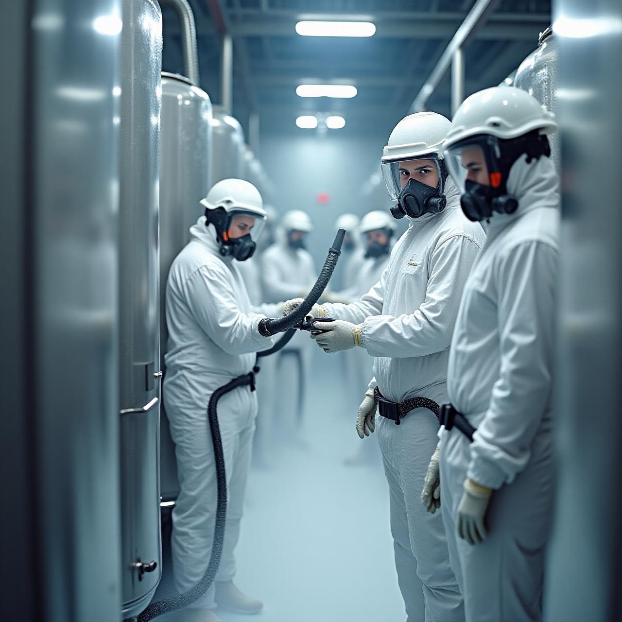 Specialized technicians performing a high-grade foam sanitation wash in an industrial food processing plant