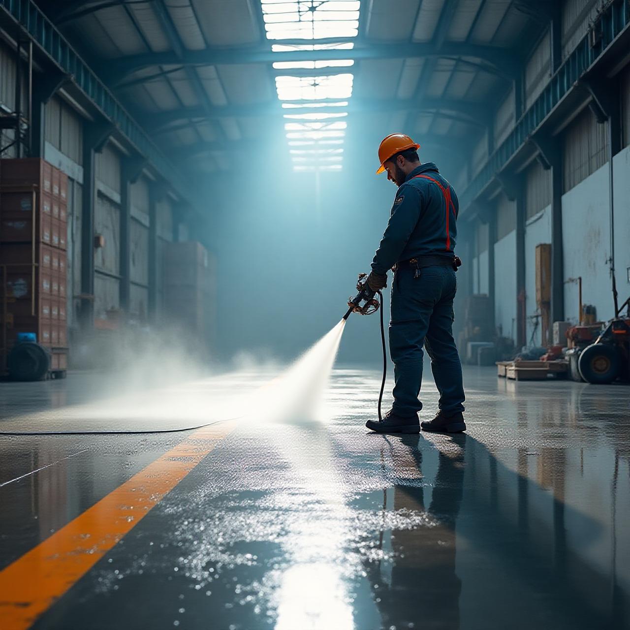 Industrial high-pressure washing of a factory floor