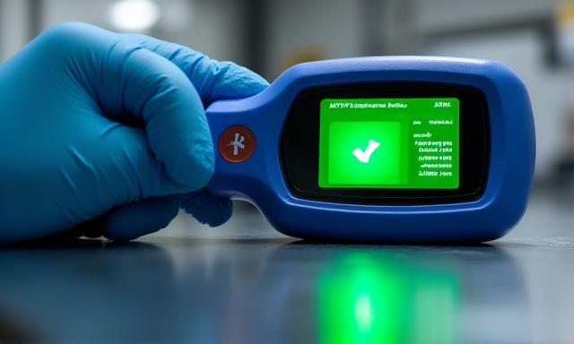 Industrial technician using a swab test and digital scanner in a high-tech factory